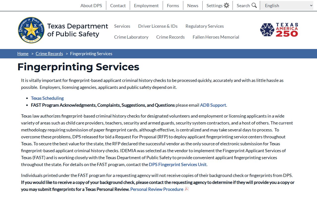 Polk County fingerprint criminal record services through DPS